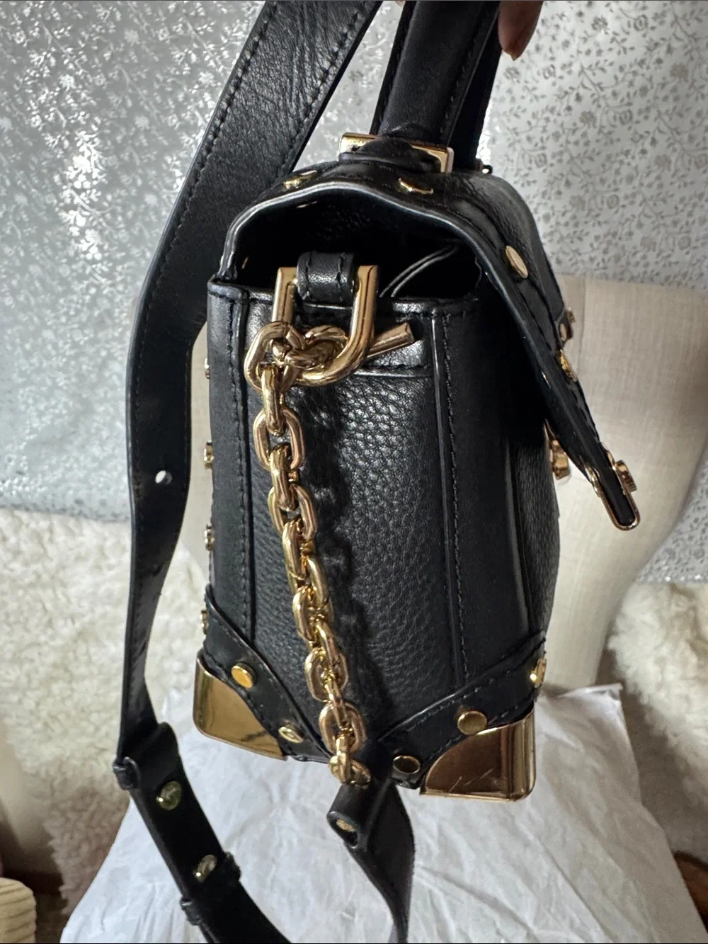 Michael Kors Black Pebbled Leather Satchel with Gold Hardware